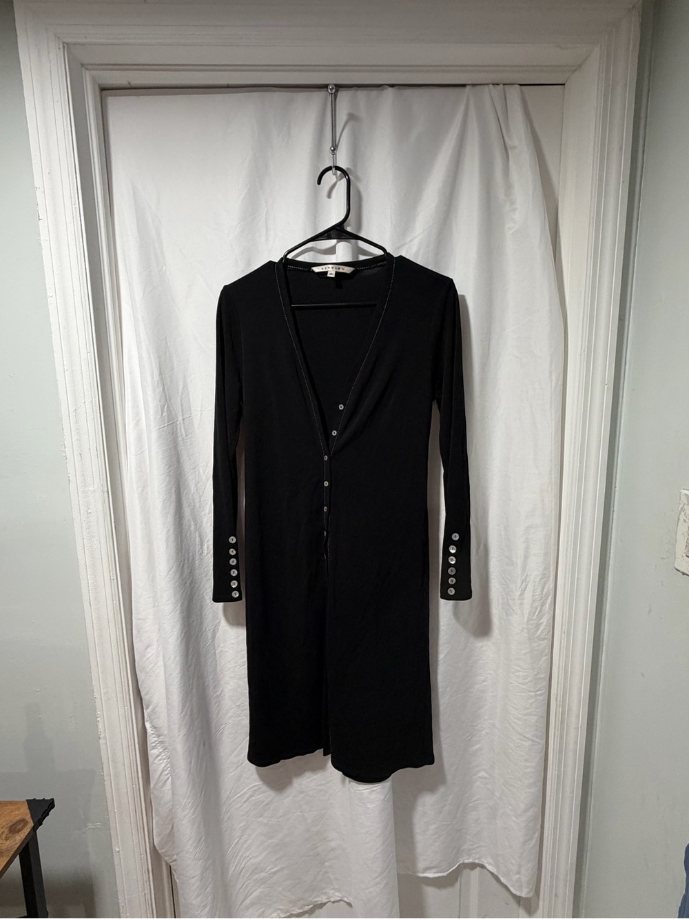 Long Black Button-Front Long Sleeve Dress